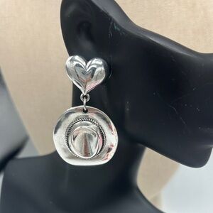 Silver Heart & Cowboy Hat Drop Earrings - Women Jewelry